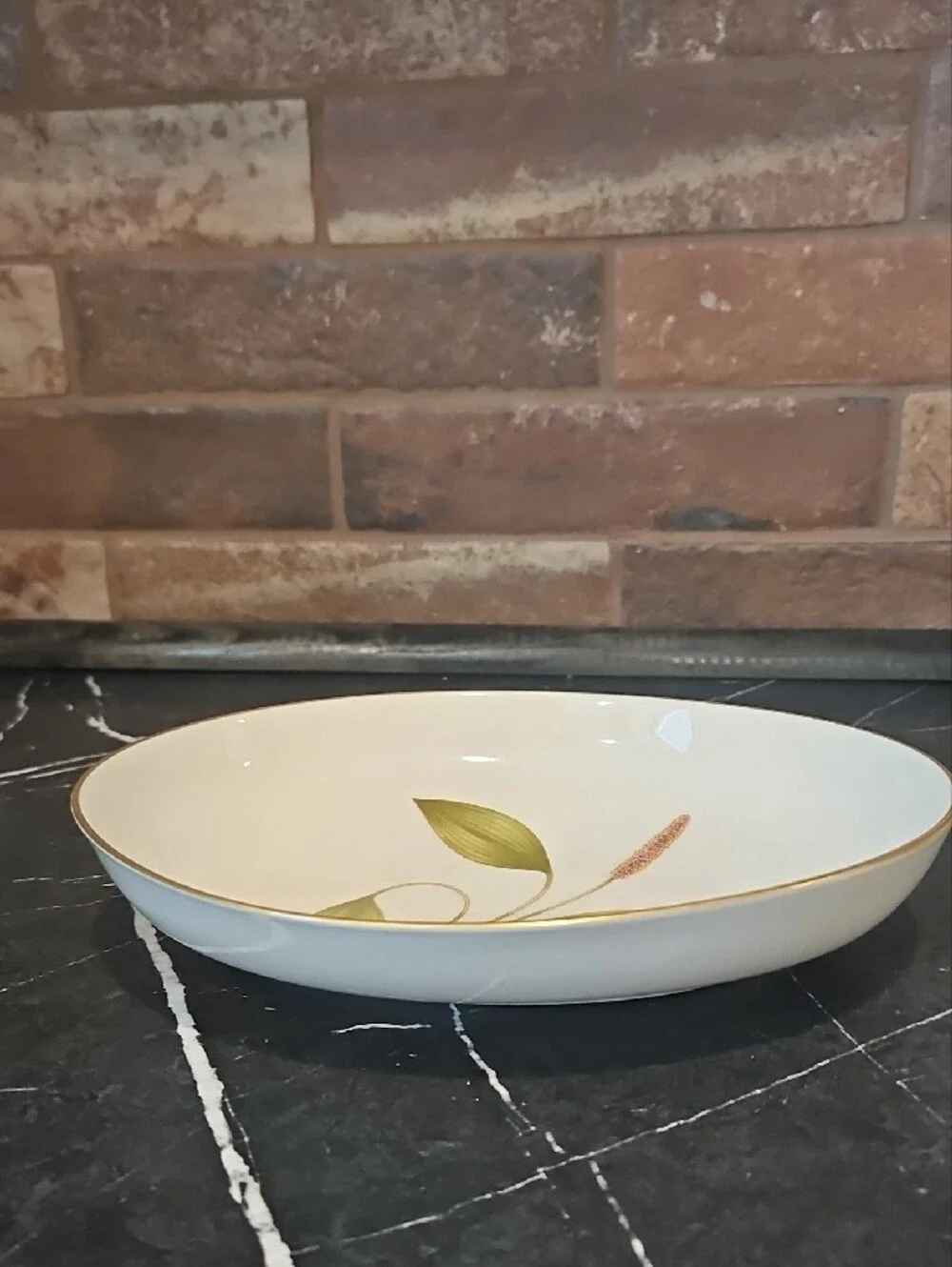 Franciscan White Porcelain Bowl with Green Leaf Motif and Gold Trim